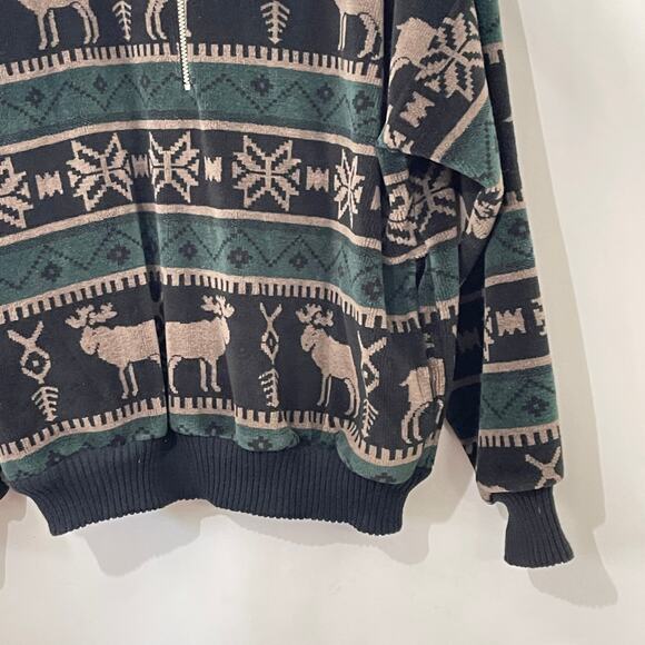 Norm Thompson Velour Pullover Moose Fair Isle 1/2 Zip Sweatshirt Shacket Large - Picture 4 of 10